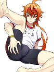  ass ass_grab bulge commentary_request fate/grand_order fate_(series) gym_shirt gym_shorts gym_uniform leg_lift long_hair male_focus otoko_no_ko rama_(fate/grand_order) red_eyes red_hair shirt shorts translation_request zuwai_kani 