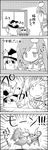  1girl 4koma arms_up bow bucket comic commentary_request crossed_bandaids detached_sleeves directional_arrow frog_hair_ornament greyscale hair_bobbles hair_bow hair_ornament hair_tubes hat hat_bow highres kirisame_marisa kisume kochiya_sanae long_hair monochrome smile snake_hair_ornament sweat tani_takeshi touhou translation_request twintails wide_sleeves window witch_hat yukkuri_shiteitte_ne 