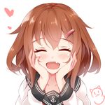  ^_^ ^o^ artist_logo black_sailor_collar blush brown_hair closed_eyes fang hair_between_eyes hands_on_own_cheeks hands_on_own_face happy heart ikazuchi_(kantai_collection) kantai_collection long_sleeves nahaki open_mouth sailor_collar school_uniform serafuku short_hair simple_background smile solo white_background 