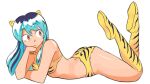  1girl animal_print bikini boots commentary cone_horns english_commentary evil_21_yt feet_up hand_on_own_chin highres horns long_hair lum lying on_stomach print_bikini print_boots solo strapless swimsuit tiger_print tiger_print_bikini urusei_yatsura white_background yellow_bikini yellow_boots 