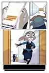  2017 akiric anthro barefoot belt bovine buffalo bulletproof_vest cape_buffalo chief_bogo clothed clothing comic dipstick_ears disney duo english_text female gun handgun holster horn inside judy_hopps lagomorph male mammal pistol police_uniform rabbit ranged_weapon running text uniform utility_belt weapon zootopia 