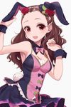  animal_ears blush breasts brown_hair bunny_ears bunny_tail cleavage curly_hair hat highres idolmaster idolmaster_cinderella_girls long_hair looking_at_viewer medium_breasts mini_hat mini_top_hat misumi_(macaroni) open_mouth red_eyes seki_hiromi solo tail top_hat wrist_cuffs 