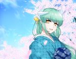  :d blue_kimono day fate/grand_order fate_(series) floating_hair flower green_hair hair_ornament japanese_clothes kimono kiyohime_(fate/grand_order) long_hair looking_at_viewer nekko open_mouth outdoors petals pink_flower shippou_(pattern) smile solo upper_body very_long_hair yellow_eyes 