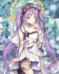  armlet bangs bare_shoulders blush bracelet closed_mouth collarbone commentary_request cowboy_shot day detached_sleeves dress euryale eyebrows_visible_through_hair fate/hollow_ataraxia fate_(series) floral_background frilled_hairband frills hairband hand_up highres jewelry lolita_hairband long_hair looking_at_viewer momoko_(momopoco) outdoors purple_eyes purple_hair sidelocks smile solo thighlet tsurime twintails very_long_hair white_dress 