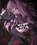  ass bangs bare_shoulders bat_hair_ornament black_dress black_footwear boots bound bound_ankles bound_wrists chain clenched_teeth cookies_(1503) detached_sleeves dress frown hair_between_eyes hair_ornament highres knee_boots krul_tepes long_hair looking_at_viewer lying official_style on_floor on_side owari_no_seraph pink_hair red_eyes solo teeth thigh_boots thighhighs twintails very_long_hair wide_sleeves 