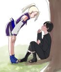  1boy 1girl against_tree arched_back arm_warmers bandaged_chest bandages bent_over black_eyes black_hair blonde_hair blue_eyes blush commentary_request couple crop_top earrings g4imtomjcq33929 grass hair_over_one_eye highres jewelry looking_at_another miniskirt naruto_(classic) naruto_(series) naruto_shippuuden nature open-toe_boots outdoors sai_(naruto) shirt sitting skirt sleeveless sleeveless_shirt sweater teardrop tearing_up tears toes tree yamanaka_ino 