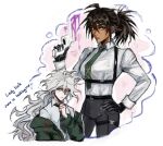  2girls ahoge belt black_gloves black_pants blood breasts brown_hair chest_harness collared_shirt commentary danganronpa_(series) danganronpa_2:_goodbye_despair english_commentary english_text fully_genderswapped_group genderswap genderswap_(mtf) gloves green_eyes green_jacket green_necktie grey_eyes gun hand_on_own_hip hand_up handgun harness heart heterochromia hinata_hajime holding holding_gun holding_weapon holster hood hooded_jacket jacket komaeda_nagito laaastik1 long_hair long_sleeves messy_hair multiple_girls necktie off_shoulder open_clothes open_jacket pale_skin pants pink_blood ponytail red_eyes shirt sleeve_cuffs speech_bubble spiked_hair tan thigh_holster thinking thought_bubble tight_clothes tight_pants wavy_hair weapon white_background white_hair white_shirt wrinkled_fabric yuri 