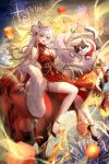  1girl absurdres aerial_fireworks animal_ear_fluff animal_ears arm_up bare_shoulders bracelet breasts china_dress chinese_clothes chinese_commentary cleavage commentary_request dog dress elbow_gloves fireworks floating flower gloves grey_flower grey_hair hair_flower hair_ornament high_heels highres horse jewelry large_breasts long_hair night open_mouth original pelvic_curtain red_dress red_gloves red_shoes shoes single_glove sitting sleeveless sleeveless_dress solo tassel tassel_hair_ornament teeth twitter_username upper_teeth_only very_long_hair yellow_eyes yolanda 