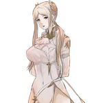  arms_behind_back asymmetrical_hair blonde_hair blue_eyes breasts commentary covered_navel cowboy_shot dress hair_ornament large_breasts long_hair looking_at_viewer nier_(series) nier_automata parted_lips quentin_lecuiller solo white_dress yorha_infantry_squad_commander 