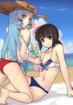  arm_support beach bikini black_hair blue_bikini_bottom blue_hair breasts cloud day drink front-tie_top fubuki_(kantai_collection) green_eyes hair_ribbon hat kantai_collection long_hair looking_at_viewer low_ponytail mismatched_bikini multiple_girls murakumo_(kantai_collection) orange_eyes outdoors ponytail red_bikini_bottom ribbon short_ponytail side-tie_bikini sidelocks sky small_breasts sun_hat swimsuit tress_ribbon tropical_drink youryokuso_(chlorophyll) 