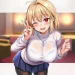  1girl :d ahoge ai-generated antenna_hair arcueid_brunestud blonde_hair blue_skirt blush bra bra_visible_through_clothes breasts brown_pantyhose facing_viewer hair_intakes hanging_breasts huge_breasts jewelry leaning_forward miniskirt necklace okasa_re_taii one_eye_closed pantyhose plaid_clothes plaid_skirt presenting_breasts red_eyes see-through_clothes short_hair sidelocks skirt smile sweater tsukihime tsukihime_(remake) turtleneck turtleneck_sweater underwear upper_body v white_sweater 