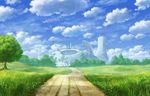  cloud cloudy_sky commentary_request day field graphite_(medium) grass hotaka no_humans original outdoors path road scenery science_fiction sky traditional_media tree 