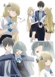  1boy 3girls alternate_costume bandage_over_one_eye bespectacled black_hair black_skirt black_vest blonde_hair blue_bow blue_bowtie blue_eyes blue_jacket blue_nails bow bowtie breasts cartethyia_(wuthering_waves) clothes_around_waist commentary cryne fingernails glasses grey_hair gyaru hair_ornament hand_on_own_hip highres jacket long_hair long_pointy_ears looking_at_another male_rover_(wuthering_waves) multiple_girls nail_polish out_of_character phoebe_(wuthering_waves) phrolova_(wuthering_waves) pointy_ears rover_(wuthering_waves) school_uniform shirt simple_background skirt small_breasts smirk tacet_mark_(wuthering_waves) throwing twitter_username untranslatable_commentary vest white_background white_shirt wuthering_waves x_hair_ornament 