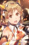  :o bangs breasts brown_eyes brown_hair clenched_hand commentary_request detached_sleeves dsmile gloves hairband headgear headphones impossible_clothes looking_at_viewer looking_away medium_breasts open_mouth partial_commentary senki_zesshou_symphogear solo sparks tachibana_hibiki_(symphogear) v-shaped_eyebrows zipper 