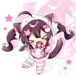  >_< 1girl ahoge animal_ears apron asymmetrical_legwear bell black_hair blush bow bowtie buchou_(tk_club0_0) cat_ears cat_girl chibi choco closed_eyes commentary_request dress fang frilled_apron frilled_skirt frills full_body hair_between_eyes hair_ornament hairclip highres holding indie_utaite kemonomimi_mode long_hair loose_thighhigh maid maid_headdress open_mouth puffy_short_sleeves puffy_sleeves short_sleeves shy skirt solo standing standing_on_one_leg star_(symbol) striped_clothes striped_thighhighs tail thighhighs twintails white_apron wrist_cuffs 