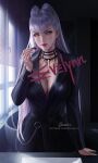 1girl applying_lipstick applying_makeup arm_support artist_name bathroom bathtub belt belt_around_waist black_belt black_choker black_eyeshadow black_suit blue_eyeshadow bra bra_peek breasts character_name choker cleavage closed_mouth collarbone cone_hair_bun cosmetics curvy demon_girl double_bun duplicate earrings evelynn_(league_of_legends) eyeshadow fingernails formal_clothes gold_earrings hair_bun hair_over_shoulder hand_up holding holding_lipstick_tube hoop_earrings indoors jewelry k/da_(league_of_legends) k/da_all_out_evelynn lapels league_of_legends lipstick lipstick_tube lipstick_writing long_fingernails long_hair long_sleeves looking_at_mirror looking_at_viewer makeup medium_breasts mirror nail_polish no_eyewear notched_lapels official_alternate_costume official_alternate_hairstyle pale_skin patreon_username photoshop_(medium) pink_lips pixel-perfect_duplicate raised_eyebrows realistic sharp_fingernails silver_chain slit_pupils solo spiked_choker spikes standing straight_hair studded_choker suit the_baddest_evelynn underwear upper_body v-bangs wallet_chain watermark white_hair white_nails wickellia window_blinds yellow_eyes 