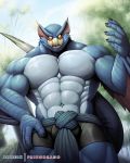  2018 5_fingers anthro blue_body bulge capcom clothed clothing front_view hand_on_hip hi_res looking_at_viewer male monster_hunter muscular muscular_male nargacuga navel outside primodrago solo standing topless video_games 