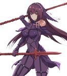  absurdres bodysuit breasts closed_mouth commentary covered_navel cowboy_shot dual_wielding fate/grand_order fate_(series) gae_bolg hair_intakes highres holding holding_weapon long_hair looking_at_viewer medium_breasts pauldrons purple_bodysuit purple_hair quentin_lecuiller red_eyes scathach_(fate)_(all) scathach_(fate/grand_order) solo standing veil weapon 