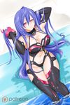  alfred_cullado blue_hair breasts from_above gloves highres iris_heart large_breasts long_hair looking_at_viewer navel neptune_(series) pool poolside purple_hair red_eyes smile soaking_feet solo symbol-shaped_pupils thigh_gap thighs very_long_hair water watermark wet 