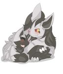  2015 ambiguous_gender black_fur blush claws cub duo eyes_closed feral fur grey_fur hi_res mightyena nekonade nintendo open_mouth pok&eacute;mon poochyena red_eyes red_nose simple_background smile video_games white_background yellow_sclera young 