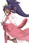  1girl absurdres astra_chichi blush brown_eyes commentary_request dark-skinned_female dark_skin dress hair_rings highres iris_(pokemon) long_hair long_sleeves looking_at_viewer open_mouth pink_dress pokemon pokemon_bw2 ponytail purple_hair simple_background smile solo teeth tiara upper_teeth_only very_long_hair white_background 