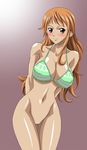  1girl bikini_top blush bottomless breasts brown_eyes censored edit erect_nipples highres huge_breasts long_hair midriff nami_(one_piece) navel nel-zel_formula nipples no_panties one_piece orange_hair photoshop pussy smile solo 