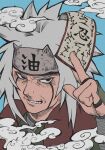  1boy black_eyes blue_background commentary_request facial_mark forehead_protector gamu_camu grey_hair highres holding holding_paper jacket jiraiya_(naruto) long_hair looking_at_viewer male_focus naruto_(series) open_clothes open_jacket paper red_jacket smoke solo teeth upper_body 