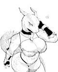  1girl abs absurdres argonian arm_behind_head armor bikini_armor breasts cleavage closed_mouth commentary commission cowboy_shot english_commentary from_above furry furry_female greyscale highres horns large_breasts looking_at_viewer miregeist monochrome reptile_girl simple_background solo tail the_elder_scrolls toned toned_female white_background 