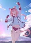  1girl absurdres animal_ears astra_chichi bandaid bandaid_on_leg blue_sky blush bow buruma closed_eyes cloud commentary ear_bow ear_covers english_commentary facing_viewer fingerless_gloves gloves haru_urara_(bestest_prize)_(umamusume) haru_urara_(umamusume) headband highres horse_ears horse_girl horse_tail jacket long_hair midriff navel open_mouth outdoors pink_buruma pink_hair pink_headband ponytail red_buruma red_gloves red_headband shirt shoes sky smile socks solo standing standing_on_one_leg striped_clothes striped_socks tail teeth umamusume upper_teeth_only white_jacket white_shirt 