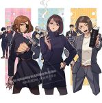  2_o_tori brown_eyes brown_hair claw_hammer commentary_request fushiguro_megumi gakuran gojou_satoru hammer highres higuruma_hiromi holding holding_hammer ieiri_shoko itadori_yuuji jujutsu_kaisen jujutsu_tech_uniform kugisaki_nobara multiple_boys multiple_girls school_uniform short_hair teacher_and_student 