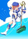  1boy bandaid bandaid_on_knee boots broom brown_eyes brown_hair cleaning_brush full_body gloves hat looking_at_viewer male_focus pop-up_story sailor sailor_collar sailor_hat selim_spark shorts solo white_gloves 
