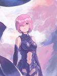  armor armored_dress bare_shoulders black_dress black_gloves breasts commentary cowboy_shot dress elbow_gloves fate/grand_order fate_(series) gloves hair_over_one_eye lavender_hair looking_at_viewer mash_kyrielight medium_breasts navel parted_lips purple_eyes quentin_lecuiller shield short_hair solo stomach 