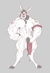  anthro balls big_balls big_penis boosterpang cervine deer flaccid huge_balls humanoid_penis hyper hyper_muscles looking_at_viewer male mammal monochrome muscular nipples open_mouth pecs penis smile solo 