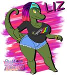  2017 barefoot big_breasts blu3danny breasts clothing dreadlocks fan_character female go!_go!_hypergrind komodo_dragon lipstick liz_(ggh) lizard makeup monitor_lizard reptile ring scalie shorts thick_thighs wide_hips yellow_eyes 