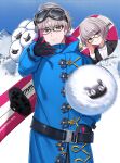  1boy absurdres blue_sky coat commentary day english_commentary fate/grand_order fate_(series) glasses gloves goggles goggles_on_head green_eyes grey_hair highres incoming_object jacques_de_molay_(foreigner)_(fate) jacques_de_molay_(saber)_(fate) male_focus meme motion_blur outdoors sheep short_hair sky snow snowboard solo throwing tossing umirunie winter winter_clothes woe_plague_be_upon_ye_(meme) 
