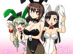  anchovy animal_ears arm_grab asymmetrical_bangs bangs black_hair black_legwear black_leotard black_neckwear black_ribbon bow bowtie breast_hold breasts brown_eyes bunny_ears bunnysuit cleavage closed_mouth commentary_request dated detached_collar drill_hair fake_animal_ears fishnet_pantyhose fishnets girls_und_panzer gradient gradient_background graphite_(medium) green_hair hair_ribbon leotard light_frown long_hair looking_at_viewer medallion medium_breasts millipen_(medium) multiple_girls necktie nishi_kinuyo nishizumi_maho one_eye_closed oosaka_kanagawa open_mouth pantyhose peeking_out pink_background red_bow red_eyes red_neckwear ribbon shiny shiny_skin short_hair side-tie_leotard smile standing strapless strapless_leotard traditional_media twin_drills twintails upper_body waving white_leotard wrist_cuffs 