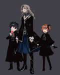  2boys ahoge alternate_costume beard black black_hair black_scrunchie blonde_hair cup dress drinking drinking_glass facial_hair fate/apocrypha fate/grand_order fate_(series) formal fujimaru_ritsuka_(female) fujimaru_ritsuka_(male) hair_ornament hair_scrunchie long_hair multiple_boys newo_(shinra-p) one_side_up open_mouth orange_hair pantyhose scrunchie short_hair side_ponytail smile vlad_iii_(fate/apocrypha) wine_glass younger 