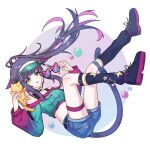  1girl adjusting_eyewear ambience_synesthesia animal_ears arknights bandaid_on_tail belt black_belt black_bra black_socks blue_shorts bra cat_ears cat_girl cat_tail chinese_commentary commentary_request denim denim_shorts floating floating_hair green_eyes green_jacket hand_on_eyewear hat highres holding holding_removed_eyewear jacket jessica_(arknights) jessica_the_liberated_(arknights) leg_belt long_hair long_sleeves multicolored_jacket official_alternate_costume purple_hair shorts sleeves_past_wrists socks solo sun_hat sunglasses tail underwear unworn_eyewear wolfark 