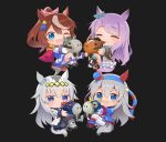  4girls absurdres ahoge animal_ears aqua_bow aqua_ribbon aqua_socks ascot black_background black_jacket black_pantyhose black_skirt blue_eyes blue_hairband blue_jacket blue_sailor_collar blue_skirt blue_sports_bra blush bow bowtie brooch brown_hair buttons cape chibi closed_eyes closed_mouth coat commentary creature_and_personification double-breasted ear_bow ear_covers ear_ornament ear_ribbon epaulettes fingerless_gloves frilled_coat frilled_jacket frills gloves grey_hair grey_tail hair_between_eyes hairband headband high_ponytail highres holding holding_stuffed_toy horse_ears horse_girl horse_tail jacket jewelry jtleeklm long_hair long_sleeves mejiro_mcqueen_(frontline_elegance)_(umamusume) mejiro_mcqueen_(racehorse) mejiro_mcqueen_(umamusume) multicolored_hair multicolored_hairband multicolored_jacket multiple_girls neckerchief oguri_cap_(racehorse) oguri_cap_(starlight_beat)_(umamusume) oguri_cap_(umamusume) one_eye_closed open_mouth pants pantyhose personification pink_ascot pleated_skirt ponytail purple_hair red_cape red_headband red_neckerchief ribbon sailor_collar shirt simple_background single_epaulette skirt smile socks sports_bra star_brooch streaked_hair striped_clothes striped_hairband stuffed_animal stuffed_horse stuffed_toy tail tamamo_cross_(fast_as_lightning)_(umamusume) tamamo_cross_(racehorse) tamamo_cross_(umamusume) tokai_teio_(peak_joy)_(umamusume) tokai_teio_(racehorse) tokai_teio_(umamusume) two-tone_hairband two-tone_jacket two-tone_skirt umamusume untranslatable_commentary very_long_hair white_gloves white_hair white_jacket white_pants white_shirt white_skirt 