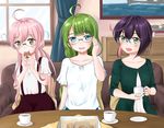  adjusting_eyewear ahoge alternate_costume bangs blue_eyes blunt_bangs blush braid brown_eyes casual chest_of_drawers collarbone commentary couch cup curtains dress eating eyebrows_visible_through_hair food glasses green_dress green_eyes green_hair hair_bun holding holding_cup holding_food indoors kantai_collection long_hair looking_at_another looking_at_viewer makigumo_(kantai_collection) model_ship multicolored_hair multiple_girls okinami_(kantai_collection) open_mouth painting_(object) parted_bangs pillow pink_hair purple_hair reflection semi-rimless_eyewear shirt short_hair short_sleeves sitting smile suspenders table teacup teeth tongue twintails umino_haruka_(harukaumino6) window yuugumo_(kantai_collection) 