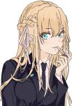  applying_lipstick applying_makeup black_necktie blonde_hair blue_eyes braid commentary_request hair_ribbon heaven_burns_red highres lipstick long_hair makeup necktie ribbon simple_background suit the_gurenhati toujou_tsukasa 