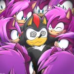  1:1 2024 anthro black_body black_fur black_hair blue_eyes blush blush_lines chest_tuft eulipotyphlan eyelashes eyes_closed female fur group haiiroslash hair hedgehog hi_res highlights_(coloring) male mammal pink_hair purple_body purple_fur red_highlights sega shadow_the_hedgehog smile sonia_the_hedgehog sonic_surrounded_by_amy_plush_dolls sonic_the_hedgehog_(series) sonic_underground spiral spiral_eyes tuft wavy_mouth white_tuft 