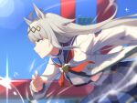 1girl absurdres ahoge animal_ears astra_chichi blue_eyes blue_sailor_collar blue_skirt blue_sky brooch commentary_request grey_hair grey_tail hair_between_eyes hair_ornament hairband highres horse_ears horse_girl horse_tail jacket jewelry long_hair long_sleeves midriff multicolored_hair neckerchief oguri_cap_(starlight_beat)_(umamusume) oguri_cap_(umamusume) outdoors panty_straps parted_lips pleated_skirt red_neckerchief running sailor_collar shirt skirt sky solo star_brooch sweat tail umamusume white_jacket white_shirt 