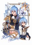  1boy abs absurdres aged_down ahoge aiguillette ascot black_gloves blue_background blue_eyes blue_flower blue_gem blue_hair blue_jacket blue_pants blue_ribbon blush border bracelet bulge buttons child chinese_commentary closed_mouth clothing_cutout cr_k2cr2o7 cropped_legs double-breasted edmond_(nu_carnival) epaulettes flower fur_shawl gem gloves gold_medal gold_ribbon gold_trim groin hair_between_eyes half_gloves happy_birthday highres hip_vent holding holding_sword holding_weapon jacket jewelry long_hair long_sleeves looking_at_viewer low_ponytail male_focus midriff navel nu_carnival official_alternate_costume outline pants ponytail rapier ribbon ring shawl shirt short_hair single_epaulette smile sparkle star_(symbol) stuffed_animal stuffed_rabbit stuffed_toy suspenders sword time_paradox v-shaped_eyebrows weapon white_ascot white_border white_outline white_pants white_shirt wooden_sword 