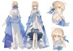  1girl ahoge alternate_costume arms_at_sides artoria_pendragon_(fate) back bare_shoulders blonde_hair blue_flower blue_ribbon blue_shawl braid bun_with_braided_base closed_mouth commentary corsage crossed_legs dot_nose dress earrings evening_gown fate/stay_night fate_(series) floral_print floral_print_dress flower formal_clothes full_body green_eyes hair_between_eyes hair_bun hair_ribbon high-low_dress highres jewelry kamiowl layered_dress long_dress looking_at_viewer multiple_necklaces multiple_views necklace off-shoulder_dress off_shoulder parted_lips pearl_necklace petticoat print_dress ribbon saber_(fate) shawl shoes shoulder_blades sidelocks simple_background single_hair_bun standing untranslatable_commentary updo watson_cross white_background white_dress white_shoes 