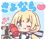  1girl ;p aizawa_ema blonde_hair blue_background blue_bow blue_eyes blush_stickers border bow chibi closed_mouth commentary_request detonator dynamite explosive hair_bow highres holding jacket lit_fuse long_hair long_sleeves low_twintails mitarashi_neko notice_lines one_eye_closed outline polka_dot polka_dot_background skull smile solo tongue tongue_out translation_request twintails very_long_hair virtual_youtuber vspo! white_border white_jacket white_outline 