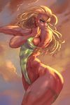  1girl ahoge bikini blonde_hair blue_eyes breasts cammy_white cowboy_shot cutesexyrobutts hair_between_eyes long_hair multiple_braids muscular_female scar solo street_fighter stretching swimsuit thick_thighs thighs toned tri_braids 