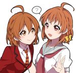  ahoge bangs blush braid brown_eyes brown_hair closed_mouth commentary dot_nose hair_ribbon hasekura_kasane highres jacket leaning_forward look-alike looking_at_another love_live! love_live!_school_idol_festival love_live!_sunshine!! multiple_girls neckerchief open_mouth red_eyes red_jacket red_neckwear ribbon sailor_collar school_uniform sekina serafuku short_hair short_sleeves simple_background smile takami_chika tress_ribbon uranohoshi_school_uniform white_background yellow_ribbon 