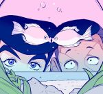  2boys air_bubble animal animals_kissing black_hair bubble commentary constricted_pupils covered_mouth diamond_wa_kudakenai fish fish_tank grey_hair helvetica1999 higashikata_josuke jojo_no_kimyou_na_bouken kiss male_focus multicolored_hair multiple_boys nijimura_okuyasu purple_eyes scar scar_on_face seaweed thick_eyebrows undercut 