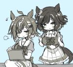  2girls ahoge animal_ears breasts commentary_request ears_through_headwear hair_between_eyes hair_ornament hair_over_one_eye hat horse_ears horse_girl kiseki_(umamusume) large_breasts maromaro68 monochrome multiple_girls pleated_skirt rulership_(umamusume) school_uniform short_hair sitting skirt smile smug tracen_school_uniform umamusume 